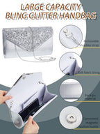 Henoyso 5 Pcs Rhinestone Jewelry Sets Prom Purse Jewelry Rhinestone Clutch Purse Bride Necklace Earrings Bracelets for Women - color: Silver