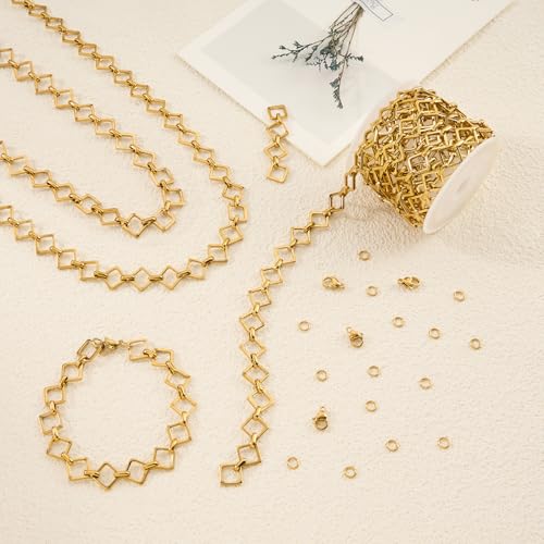 YOUBEIYEE 6.5 Feet Gold Plated Rhombic Link Chains Roll Strong Stainless Steel Chain for Jewelry Making - color: Rhombic Gold