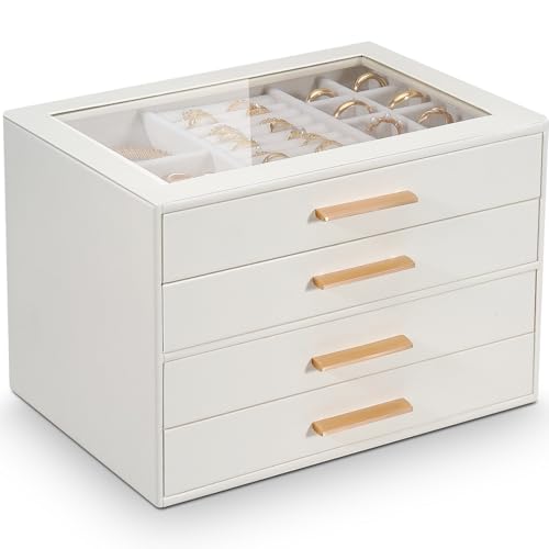 GUOER Jewelry Box for Women 4 Layers, Glass Lid Jewelry Organizer with 4 Drawers Cloud White PU Jewelry Storage Case for Necklaces Rings Earrings Bracelets Mother's Day - color: Cloud White