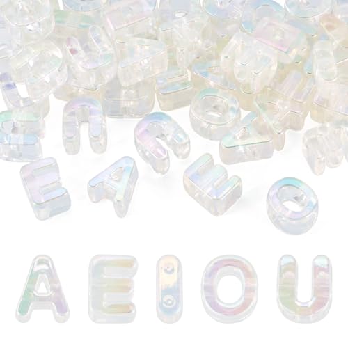 FASHEWELRY Crystal Clear Large Letter Beads 50 Pcs Acrylic Colorful Big Alphabet Bead Vowel AEIOU Spacer Paracord Beads for Keychains Bag Charm Kit Phone Chains Bracelets Necklaces Shoelaces - color: Clear