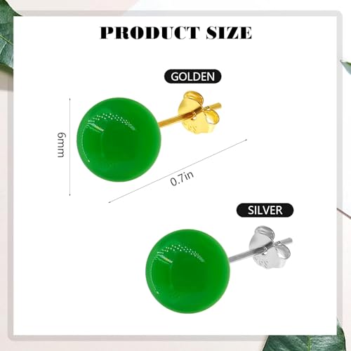 Jade Green Stud Earrings, Natural Round Beaded Agate Emerald Garnet Obsidian Gemstone Ear Studs Ball Jade Jewelry Gift, Green 8mm - color: green-6mm
