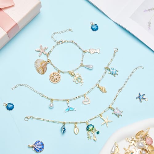 Quelay 328 Pcs Gold Sea Ocean Beach Charms Pendants for Jewelry Making Kit Bulk for Women DIY with 118 Charms 200 Jump Rings 5 Necklaces 5 Bracelets Accessories for Gift Beginner Arts Christmas