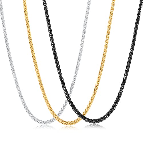 3 Pcs Chain Necklace for Men, 4mm Stainless Steel Gold Black and Silver Wheat Chains for Mens Jewelry Gift, 16"/20"/24"/28"/32 Inches