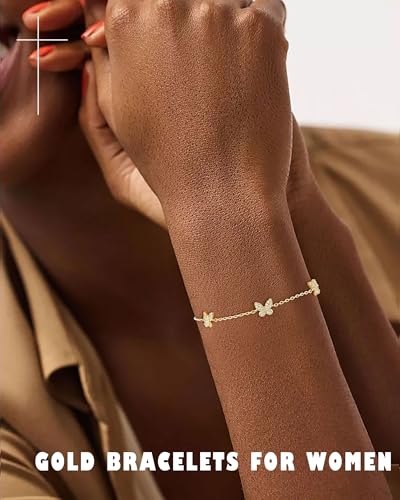 KOHOTA Silver Gold Bracelets for Women Trendy 14K Gold Plated Bracelet for Women Non Tarnish Dainty Stackable Clover Flower Heart Butterfly Diamond CZ Charm Station Bracelets Stack Jewelry Gifts - color: F: Butterfly-Gold