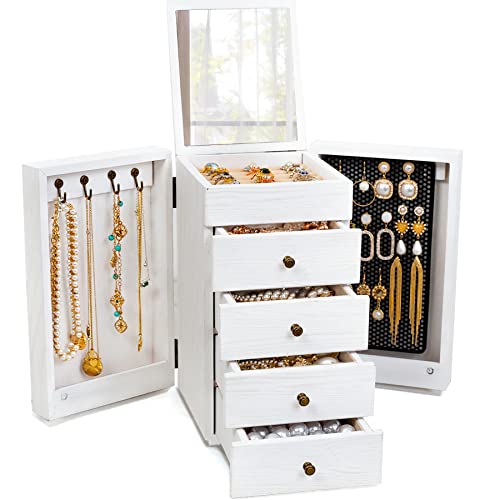 Meangood Jewelry Box Wood for Wowen, 5-Layer Large Organizer Box with Mirror & 4 Drawers for Rings, Earrings, Necklaces, White - color: 5 Layer White, size: 5 Layer