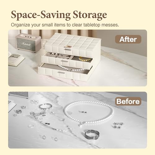 VUSIGN Jewelry Box for Women, 3 Layer Jewelry Organizer with Mirror, Jewelry Storage Case with Removable Pad, Customizable Jewelry Boxes for Rings Earrings Necklaces, White
