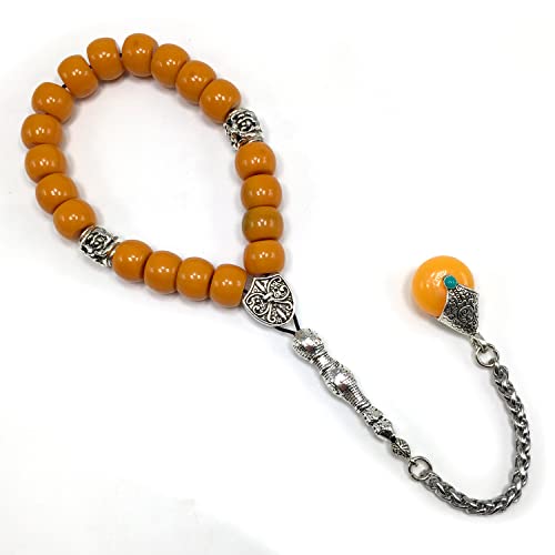 Simple Designed Natural Stone Worry Beads - Prayer Beads Tesbih-Tasbih-Tasbeeh-Misbaha-Subha-Sebha-Sibha-Rosary (Dark Orange Resin Drum -13X9 mm- 19 Big Beads) - color: Dark Orange Resin Drum -13X9 mm- 19 Big Beads