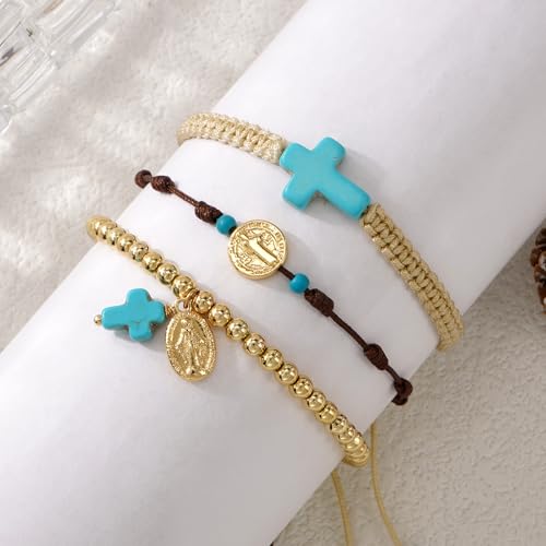 Christian Cross Jesus Pendant Charm Gold Rope String Beaded Bracelets Stack Set for Women,Handmade Bohemian Colorful Adjustable Jewelry,God Lucky Protection Friendship Gift - color: Blue