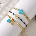 Christian Cross Jesus Pendant Charm Gold Rope String Beaded Bracelets Stack Set for Women,Handmade Bohemian Colorful Adjustable Jewelry,God Lucky Protection Friendship Gift - color: Blue