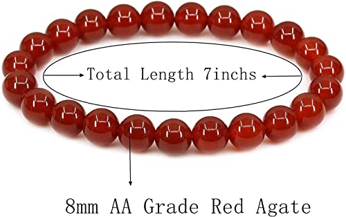Angelstones Handmade Natural Healing Gemstone 8mm Round Beads Stretch Crystal Bracelet 7 Inch Unisex - color: Red Agate