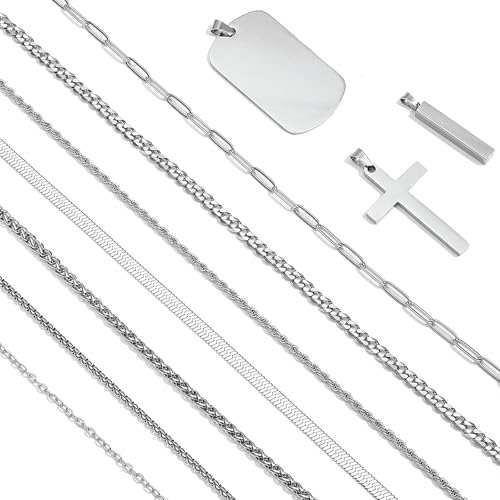 NEWITIN 15 Pieces Silver Jewelry Set for Men Stainless Steel Cuban Link Necklace Bracelet Cross Pendant Necklace Vintage Ring Cuban Jewelry Set for Men Women - color: Silver Necklaces Set