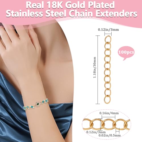 Beebeecraft 1 Box 100Pcs Extension for Necklace 18K Gold Plated 304 Stainless Steel Curb Bracelet End Chain Jewelry Extenders for Jewelry Making Crafts (30mm, Dark Gold) - size: 1.18 inch