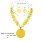 Layered Beads Statement Fashion Necklace Chunky Jewelry Set Big Colorful Glass Stone Circle Shell Pendant Choker Necklace and Earring Set for Women - color: Yellow