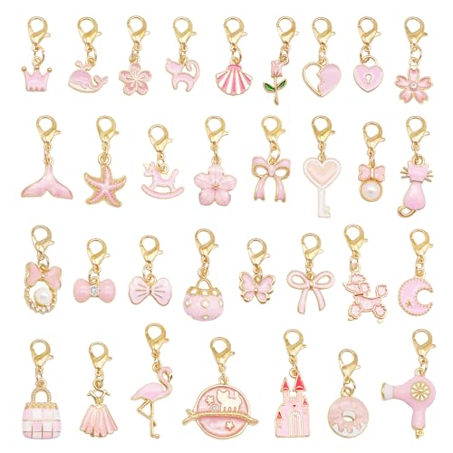 60PCS Enamel Charms Set with Golden Lobster Clasp, Assorted 30 Styles Animals Fruit Moon Star Clip-on Charm Pendants for Jewelry Making and Keychain Purse Decoration Crafts - color: Pink