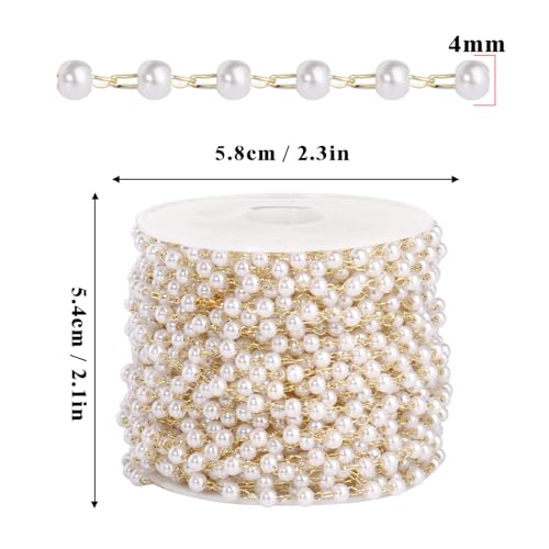 33 Feet Gold Pearl Beads Chains Roll, 4mm Faux Pearls Beaded Gold Plated Brass Cable Link Chain Spool Bulk for Jewelry Making DIY Craft - color: 4.0MM Gold Color