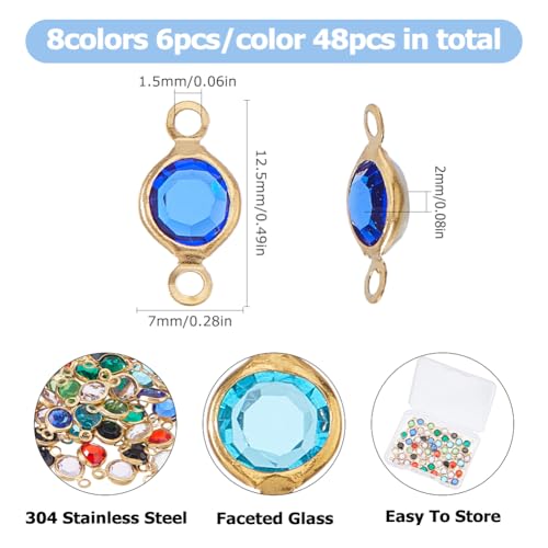 48Pcs Rhinestone Connector Charms 8 Colors Flat Round Stainless Steel Link Charms Crystal Glass Linking Pendant for Jewelry Necklace Bracelets Earrings Making DIY Crafts