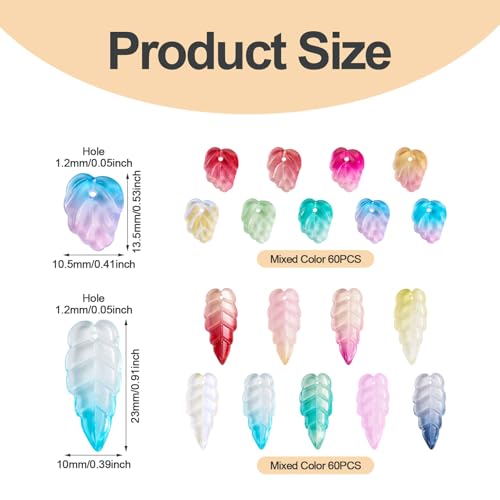 Beadthoven 120Pcs Transparent Glass Leaf Beads Mixed Color Leaf Shaped Crystal Beads Colorful Spring Summer Plant Bead Loose Gemstone Spacers for Jewelry Making DIY Bracelets Necklace Earrings Crafts - color: Leaf 2 styles
