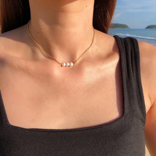 Pearl Necklace for Women- 14K Gold-plated/White Gold-plated Dainty Pearl Necklace for Women - color: Gold 3 pearls