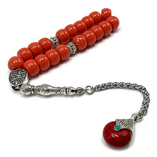 Simple Designed Natural Stone Worry Beads - Prayer Tesbih-Tasbih-Tasbeeh-Misbaha-Subha-Sebha-Sibha-Rosary (Candy Apple Red Resin Drum -13X9 mm- 19 Big Beads) - color: Candy Apple Red Resin Drum -13X9 mm- 19 Big Beads