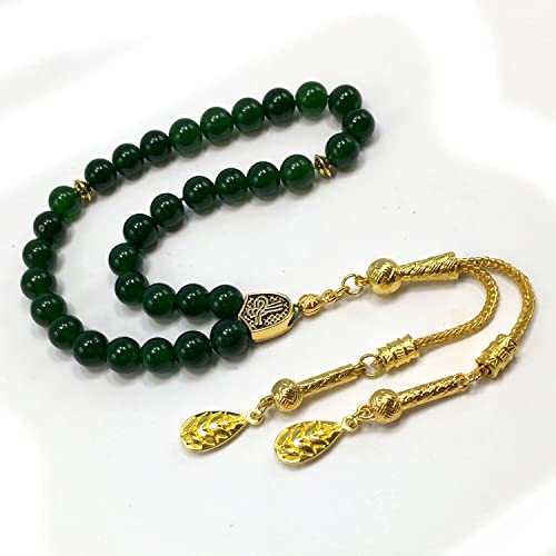 Simple Designed Natural Stone Worry Beads (8mm -33 Beads) - Prayer Beads Tesbih-Tasbih-Tasbeeh-Misbaha-Subha-Sebha-Sibha-Rosary (Green Jade -8 mm 33- Beads/Gold Tassel) - color: Green Jade -8 mm 33- Beads / Gold Tassel