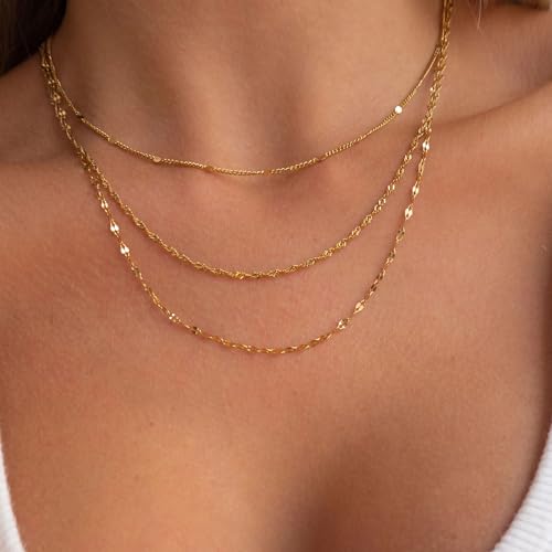Gold Layered Necklaces for Women, 14K Gold Plated Dainty Gold Chain Choker Necklace Stack, Herringbone Gold Necklaces Set - color: gold-3-Satellite