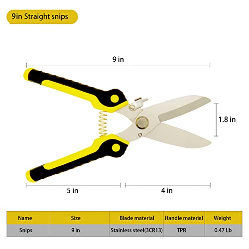 TOOLMAK Aviation Tin Snips Heavy Duty Metal Cutter, Straight Shears with Stainless Steel Blade & Comfort Grips, Multifunction Cutting of Branches, Cable Wires, Thin Iron, 9 Inch - size: 9 Inch Straight Snips