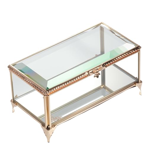 Glass Vintage Jewelry Box Keepsake storage Trinket Ring Display Box Home Decor Beveled Clear Glass Box Organizer(6.5x3.5x3.3inches) - color: Golden