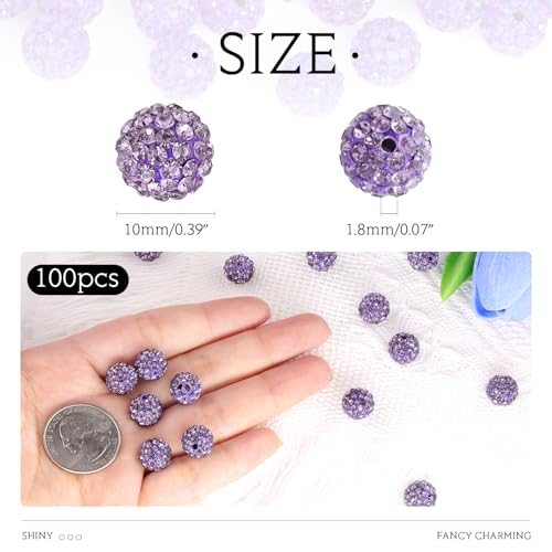 100 Pcs Purple Rhinestone Beads for Jewelry Making, Sparkle Crystal Clay Christmas for Bracelet Baseball Necklace Earring Crafting and DIY, Shiny Round Shamballa Disco Ball Beads Bulk - color: Purple, size: 100 pcs