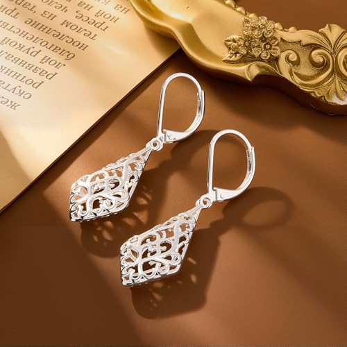 925 Sterling Silver Dangle Earrings for Women, 14K Gold Plated Filigree Dangling Leverback Earrings, Geometric Hypoallergenic Lightweight Dangly Drop Earings for Women Trendy Jewelry Gifts - color: A-Silver