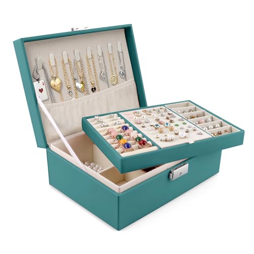Homeanda Jewelry box 2 layer Jewelry box Leather Jewelry boxes for Women Girls Teens Jewelry organizer box Jewelry Storage box with lock(Green) - color: Green