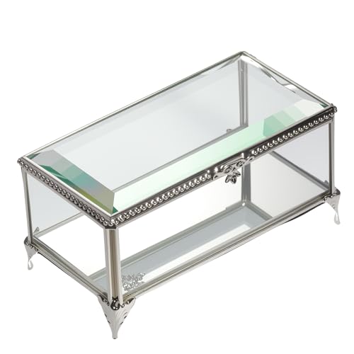 Glass Vintage Jewelry Box Keepsake storage Trinket Ring Display Box Home Decor Beveled Clear Glass Box Organizer(6.5x3.5x3.3inches) - color: Silver