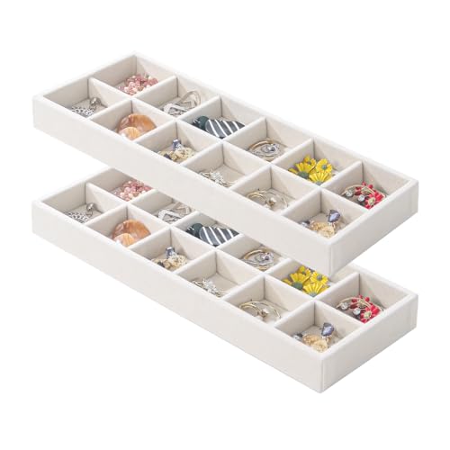2Pcs Desk Drawer Storage Tray, Nightstand Organizer Tray, Necklace Bracelet Ring Earring Jewelry Display Tray, Grid Table Organizer Holder Tray for Sunglass, Phone, Watch, Perfume (12 grid)/Beige - color: Beige, size: 12 Grid