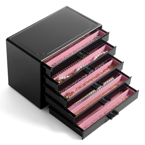 YUFONG Necklace Holder Organizer, Dustproof Necklace Box Velvet Necklace Organizer Box with Lid Clear Acrylic Dustproof Stackable Jewelry Displays for Necklaces Chain Display (Black Pink, 5 Drawer) - color: Black Pink, size: 5 Drawer