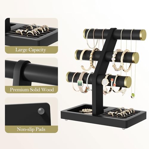 SRIWATANA 1 Bracelet Holder, Jewelry Display Stand Birthday Mother's Day Christmas Wood Solid Wood Classic Design Non-Slip Pad Metal End Cap Keeps Jewelry Secure T-Bar Organizer for Bracelets - Black - color: Black