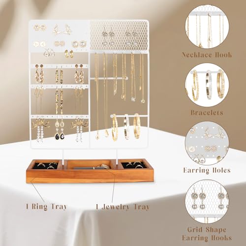 Jewelry Holder Organizer Stand, 4 Tier Earring Organizer with 84 Holes Ear Stud, Jewelry Display with Earring Necklace Bracelet Holder, Jewelry Organizer Holder with Wood Basic stand (White+Brown) - color: White+Brown