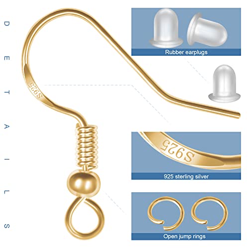 925 Sterling Silver Earring Hooks, 750PCS Earring Hooks Kit 250PCS/125Pairs Gold & Silver Hypoallergenic Earring Hooks with 250PCS Open Jump Rings and 250PCS Rubber Earring Backs for Jewelry Making - size: 750pcs-gold&silver