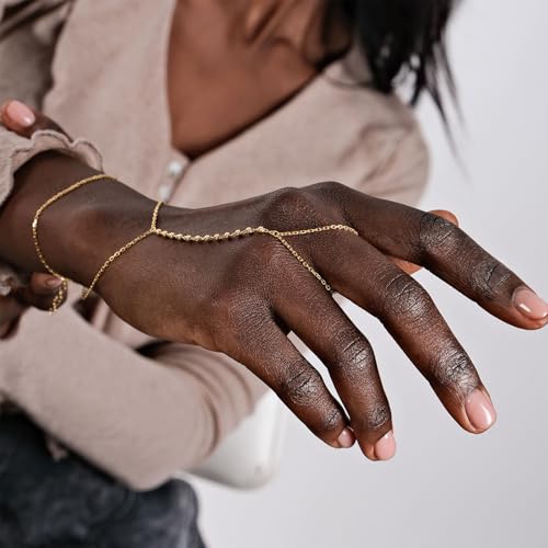 Gold Hand Chain Bracelet for Women, Ring Bracelet Hand Chain Non Tarnish Waterproof Dainty Finger Bracelet Beaded Cubic Zirconia Layered Twist Link Stack Bracelets Trendy Jewelry Gift for Her - color: Bead Double Chain