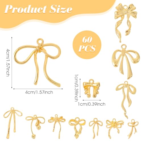 60 Pcs Mini Gold Bow Charms for Jewelry Making, Cute Alloy Bowknot Pendants Metal Bow Link Charms Earring Connectors for Bracelets Necklaces Earrings Keychains DIY Crafts