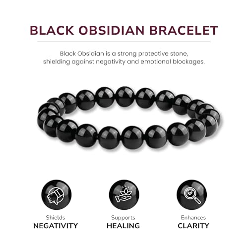 Crystal Vibe 8mm Beaded Bracelets For Women Men - Healing Crystal Bracelet - Adjustable Size - color: Black Obsidian