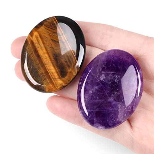 Thumb Worry Stone for Anxiety Healing Crystals Sets 2PCS Tiger Eyes Amethyst Hand Carved Stones Gemstone Pocket Natural Stone Meditation Reiki Oval Shaped Palm Stone Therapy - color: 1-amethyst+tiger's Eye, size: Oval