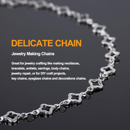 KYUNHOO 13 Feet Stainless Steel Jewelry Making Chains Silver Bulk Jewelry Hollow 4 Leaf Clover Chain for Making Crafts with Jump Rings Lobster Clasps - color: Leaf Clover Silver