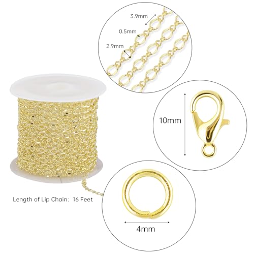 Crisjanggo 16 Feet Jewelry Making Chains 14K Gold Plated Brass Lip Chains for Women DIY Jewelry Making Supplies with Lobster Clasps and Jump Rings - color: Lip Gold
