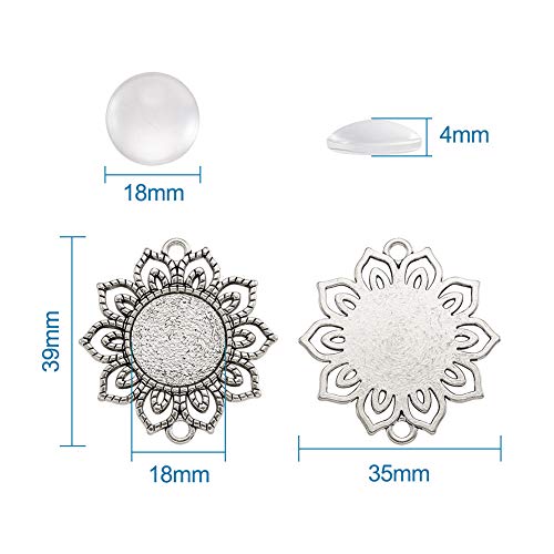 FASHEWELRY 10 Sets Alloy Flat Round Flower Edge Bezel Pendant Trays with Glass Cabochons Tibetan Style Blank Base Connector for DIY Photo Pendant Making - color: 18mm-10 Sets
