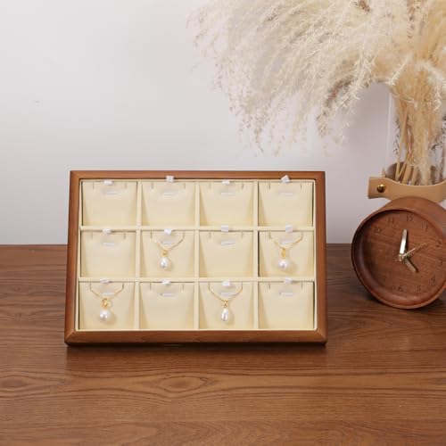 12 Grids Solid Wood Necklace Jewelry Tray Microfiber Bracelet Chain Pendant Drawer Holder With Removable Jewellery Cards for Storage Display (Cream White) - style: 12 Grid with Insert