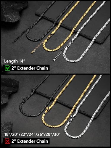 FaithHeart Mens Black/Silver/Gold Stainless Steel Flat Box Link Chain Necklace, Stylish 2/4/6/8mm Width Box Chains Necklaces for Men Non Tarnish Hip Hop Chain Jewelry Gifts,14"-30" Length - color: 2mm Width-Gold, size: 14 Inches Length