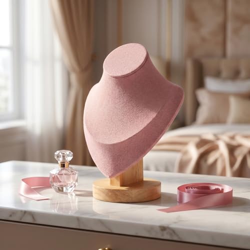 Pink Mannequin Bust Jewelry Organizer - Necklace Holder Stand with Wood Base for Home and Shop Display, 7.67 X 5.90 X 3.54 Inches