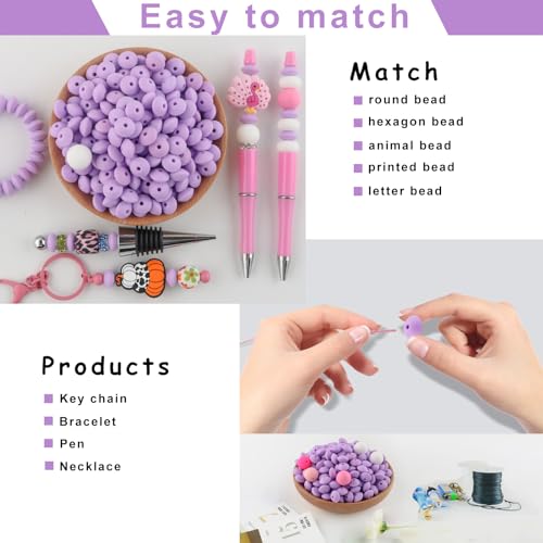 Sunrony 200Pcs Silicone Lentil Beads for Keychain Making, Bulk 12mm Silicone Abacus Spacer Beads for Necklace Bracelet Making Pens(Light Purple) - color: G-Light purple