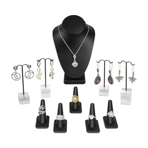 MOOCA Jewelry Display Set, Necklace Display Bust, Earring Organizer, Ring Holder Stand for Showcase and Store, Premium Fabric - color: 7) 10 piece. Black Faux Leather