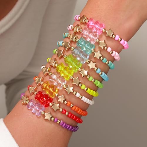 Friendship Bracelets Boho Stackable Bracelets for Women Surfer Heishi Clay Bead Bracelets Stretch Preppy Bracelets Colorful Boho Bracelets for Women - color: 10pcs Candy Bear