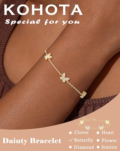KOHOTA Silver Gold Bracelets for Women Trendy 14K Gold Plated Bracelet for Women Non Tarnish Dainty Stackable Clover Flower Heart Butterfly Diamond CZ Charm Station Bracelets Stack Jewelry Gifts - color: F: Butterfly-Gold